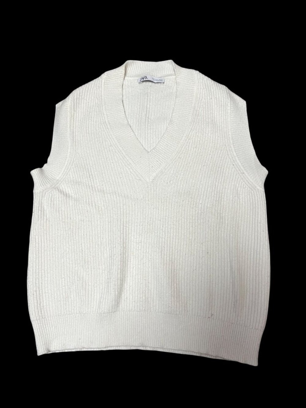 Zara Womens Ribbed White Knit V-Neck Sleeveless Sweater Vest Size S